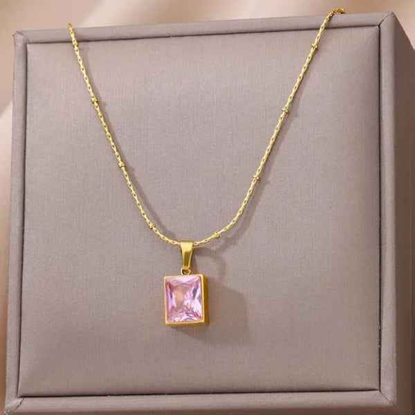 Pink Crystal Gold Pendant Necklace | Dainty Square Gemstone Jewelry