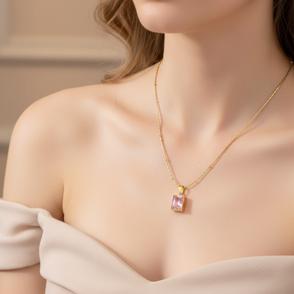 Pink Crystal Gold Pendant Necklace | Dainty Square Gemstone Jewelry