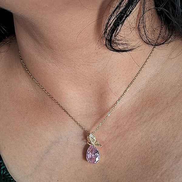 Pink Crystal Necklace for Women - Gold Teardrop Gemstone Jewelry