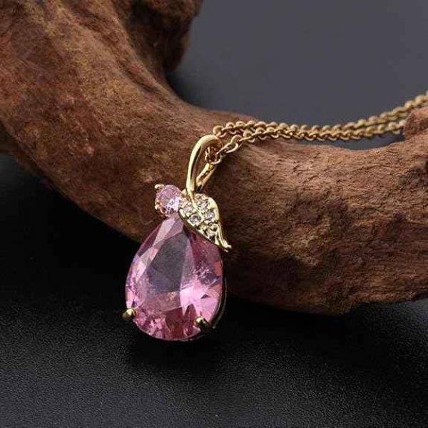 Pink Crystal Necklace for Women - Gold Teardrop Gemstone Jewelry