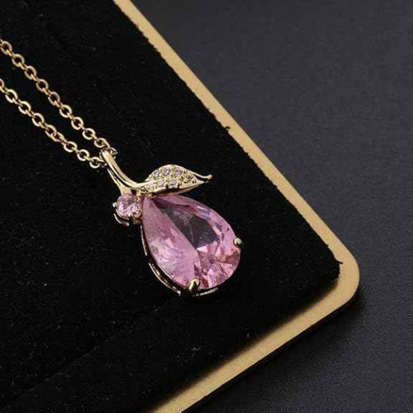 Pink Crystal Necklace for Women - Gold Teardrop Gemstone Jewelry