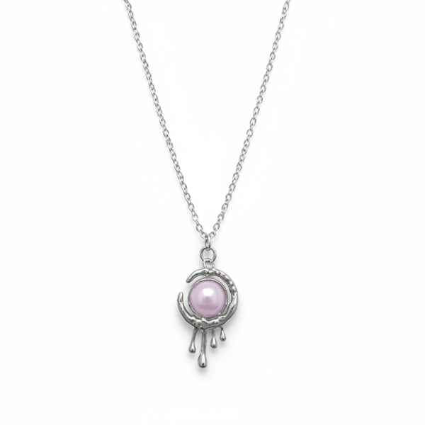 Pink Crystal Pendant - Shimmering Drip Moon Silver Link Necklace
