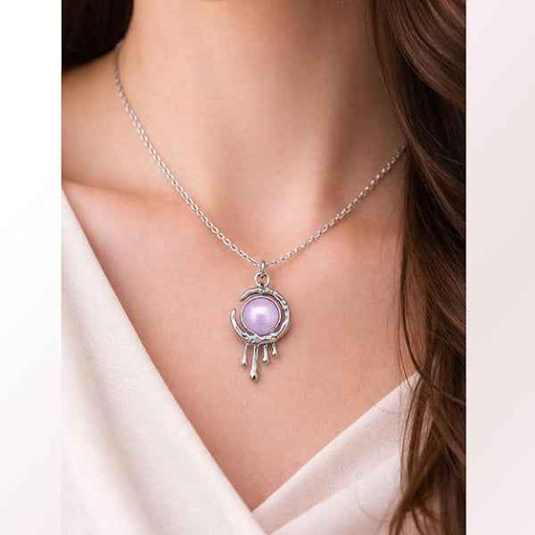 Pink Crystal Pendant - Shimmering Drip Moon Silver Link Necklace