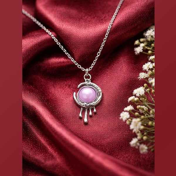 Pink Crystal Pendant - Shimmering Drip Moon Silver Link Necklace