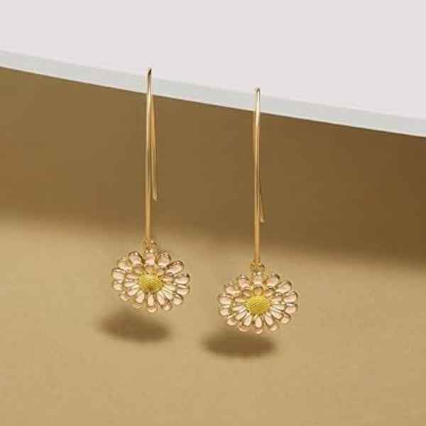 Pink Daisy Dangle Earrings: Gold Flower Hook Fashion Jewelry