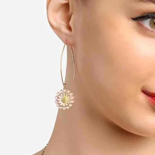 Pink Daisy Dangle Earrings: Gold Flower Hook Fashion Jewelry