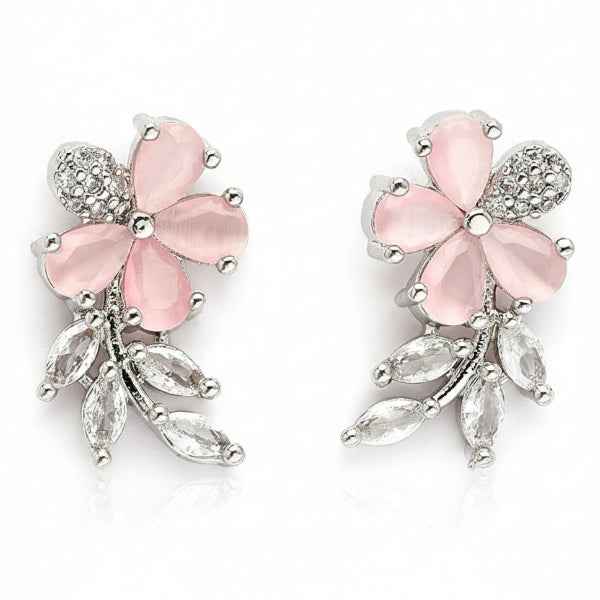 Pink Floral Earrings | Dainty Rose Quartz Crystal Leaf Stud Jewelry