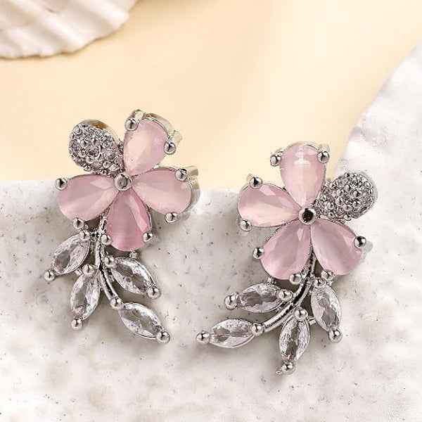 Pink Floral Earrings | Dainty Rose Quartz Crystal Leaf Stud Jewelry