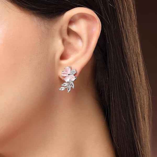 Pink Floral Earrings | Dainty Rose Quartz Crystal Leaf Stud Jewelry