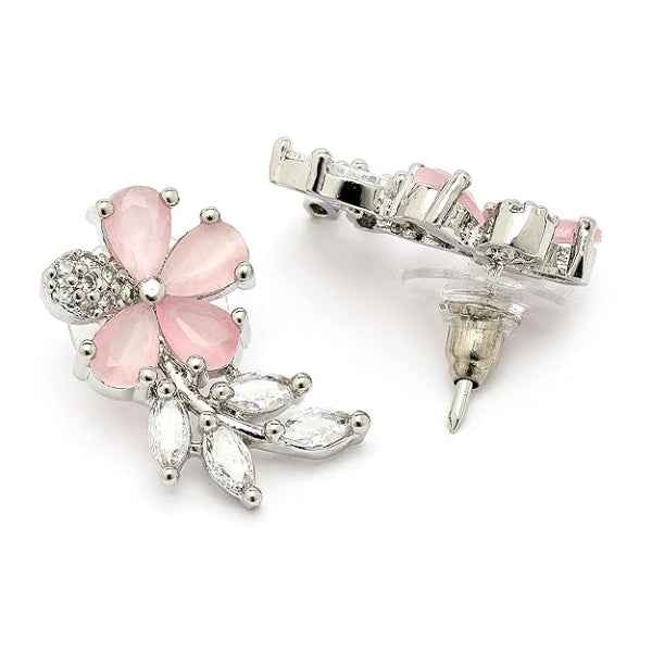 Pink Floral Earrings | Dainty Rose Quartz Crystal Leaf Stud Jewelry