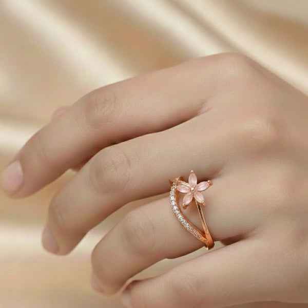 Rose Gold Pink Flower Ring - Shimmering Marquise Crystal Statement Ring