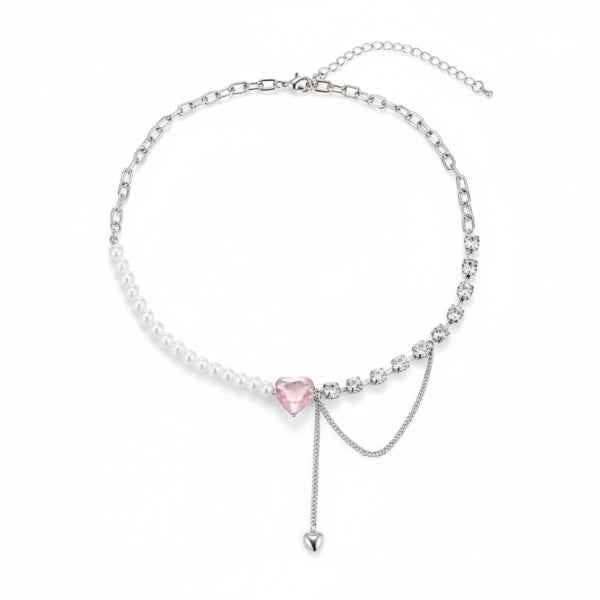Pink Heart Choker | Pearl and Crystal Y-Necklace Statement Jewelry