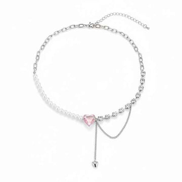 Pink Heart Choker | Pearl and Crystal Y-Necklace Statement Jewelry