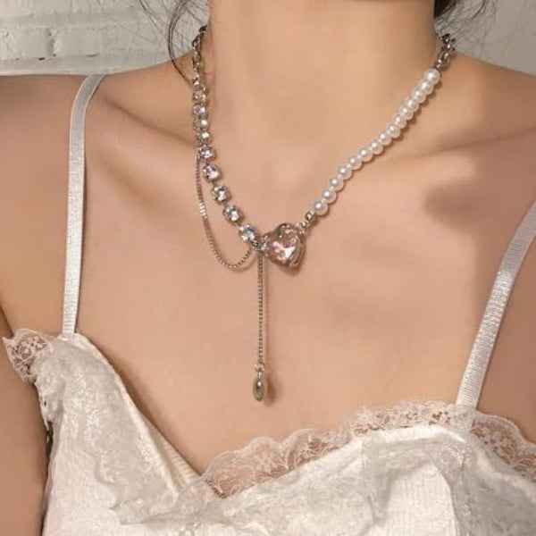 Pink Heart Choker | Pearl and Crystal Y-Necklace Statement Jewelry