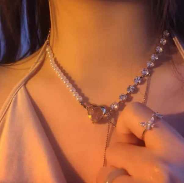 Pink Heart Choker | Pearl and Crystal Y-Necklace Statement Jewelry