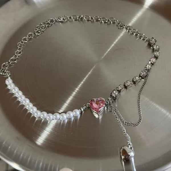 Pink Heart Choker | Pearl and Crystal Y-Necklace Statement Jewelry