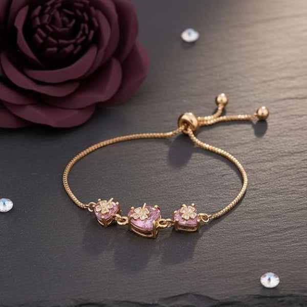 Chic Pink Heart Clover Slider Bracelet | Sparkling Gold Jewelry