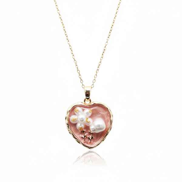 Pink Heart Necklace with Pearl Flower Pendant - Gold Enamel Jewelry