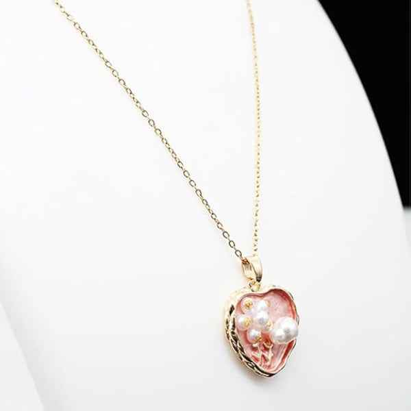 Pink Heart Necklace with Pearl Flower Pendant - Gold Enamel Jewelry