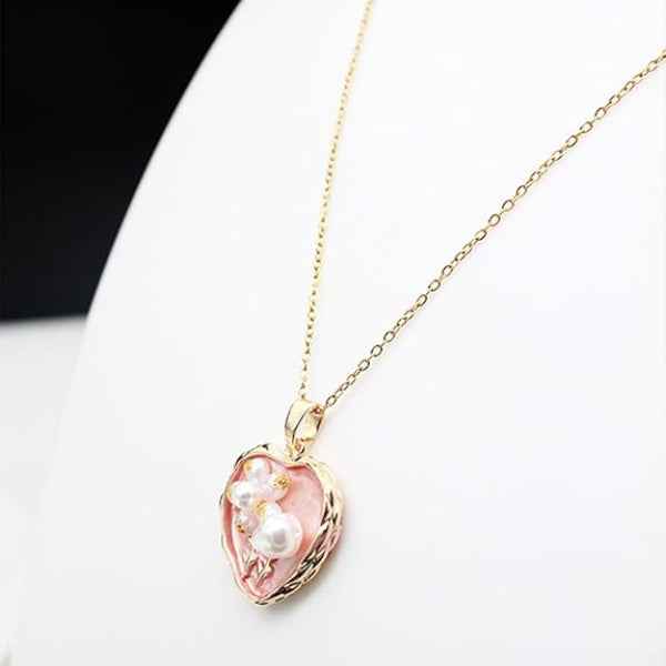 Pink Heart Necklace with Pearl Flower Pendant - Gold Enamel Jewelry