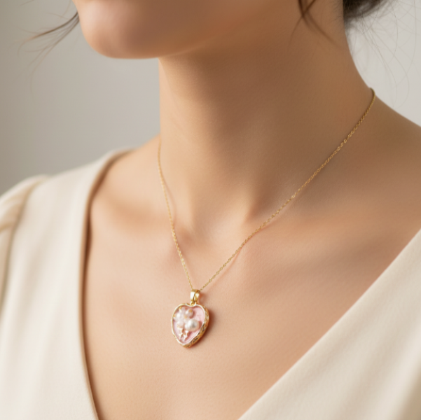 Pink Heart Necklace with Pearl Flower Pendant - Gold Enamel Jewelry