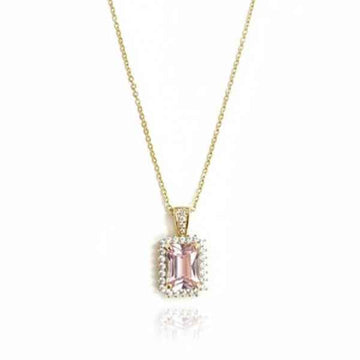 Pink Morganite Necklace - Emerald Cut Pendant & Diamond Halo Jewelry