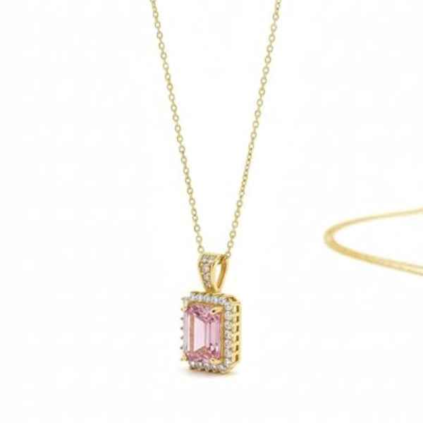 Pink Morganite Necklace - Emerald Cut Pendant & Diamond Halo Jewelry