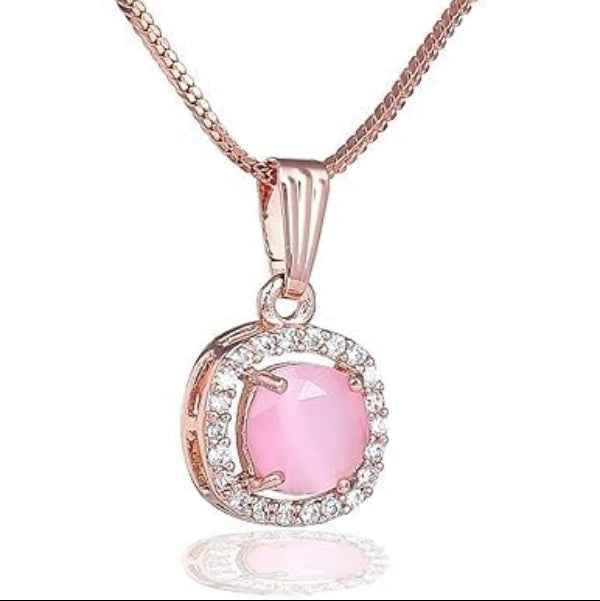 Elegant Pink Necklace | Rose Gold Halo Pendant Cat's Eye
