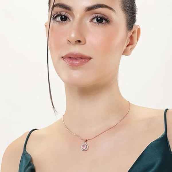 Elegant Pink Necklace | Rose Gold Halo Pendant Cat's Eye