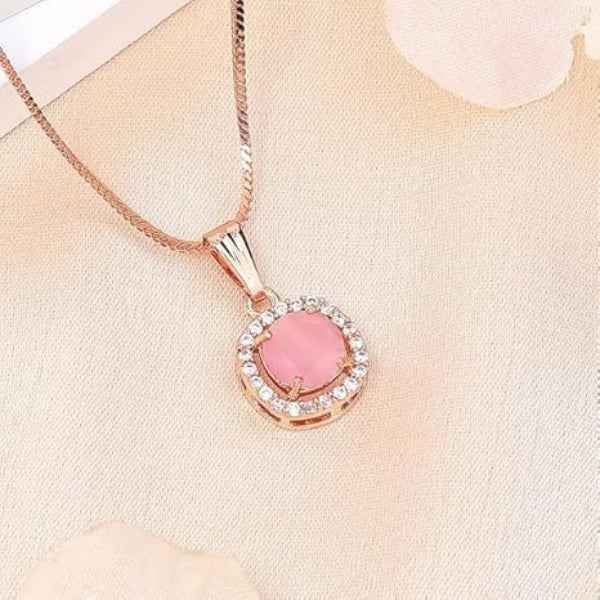 Elegant Pink Necklace | Rose Gold Halo Pendant Cat's Eye