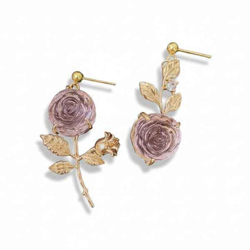 Pink Rose Earrings: Gold Floral Dangle Earrings for Women