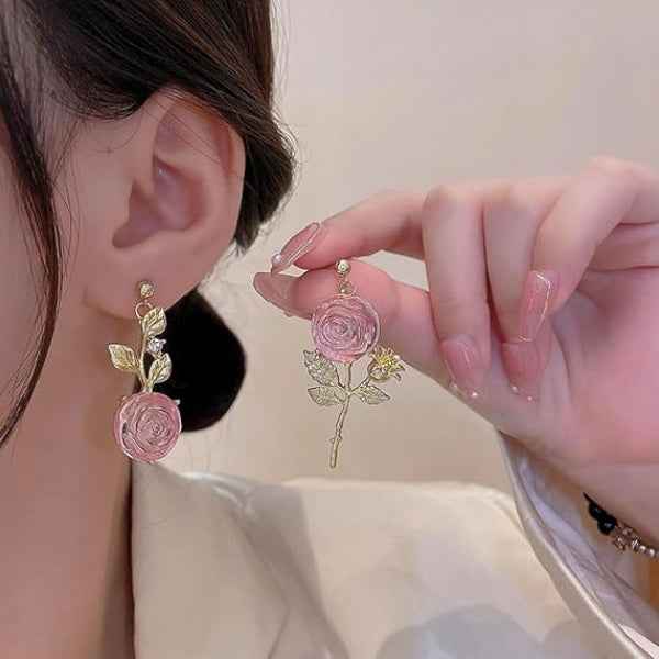 Pink Rose Earrings: Gold Floral Dangle Earrings for Women