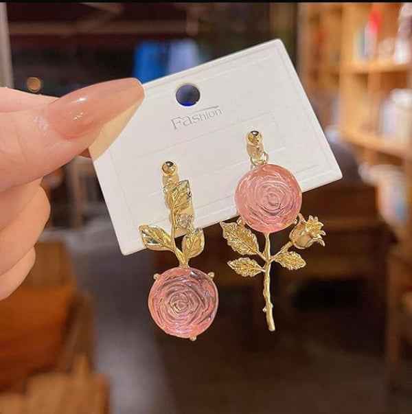 Pink Rose Earrings: Gold Floral Dangle Earrings for Women