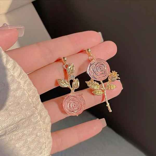 Pink Rose Earrings: Gold Floral Dangle Earrings for Women