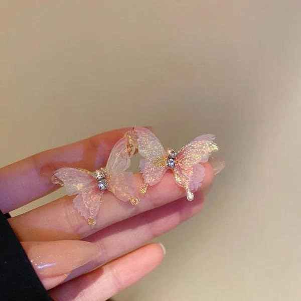 Pink Shimmer Butterfly Earrings | Dainty Iridescent Fairycore Studs