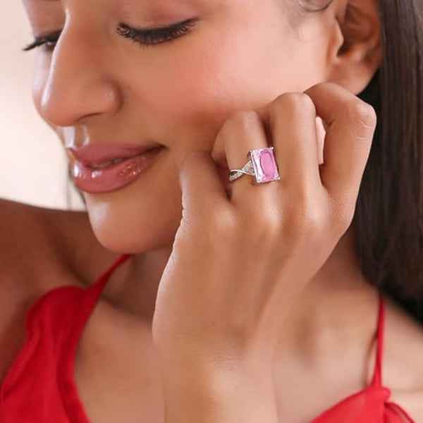 Pink Stone Silver Tone Ring for Women - Sparkling Finger Ring Gift
