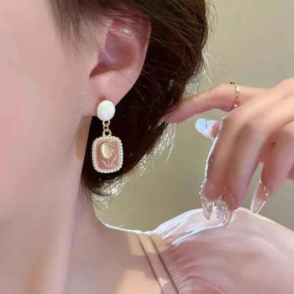 Pink Tulip Earrings - Pearl Drop Studs & French Vintage Jewelry