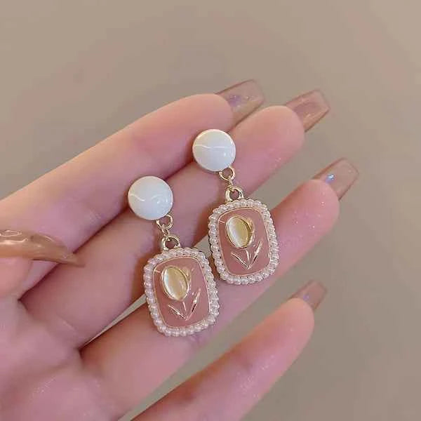Pink Tulip Earrings - Pearl Drop Studs & French Vintage Jewelry