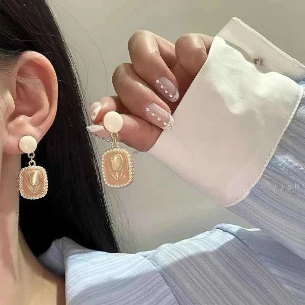 Pink Tulip Earrings - Pearl Drop Studs & French Vintage Jewelry