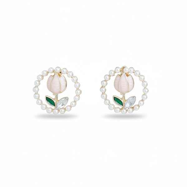 Pink Tulip Earrings - Pearl Halo Jewelry & Floral Stud Earrings