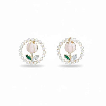 Pink Tulip Earrings - Pearl Halo Jewelry & Floral Stud Earrings