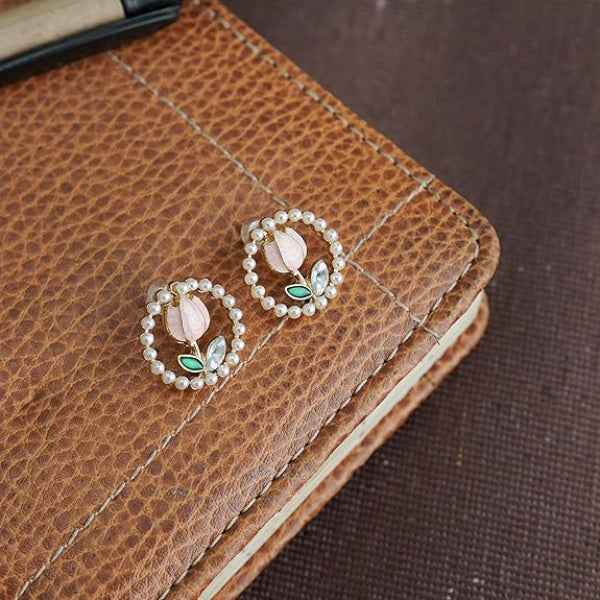 Pink Tulip Earrings - Pearl Halo Jewelry & Floral Stud Earrings
