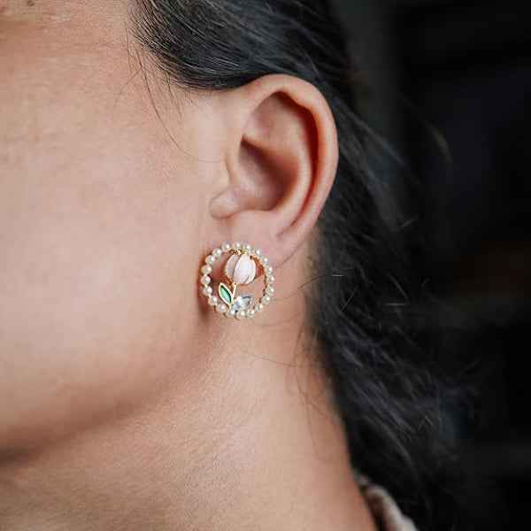 Pink Tulip Earrings - Pearl Halo Jewelry & Floral Stud Earrings
