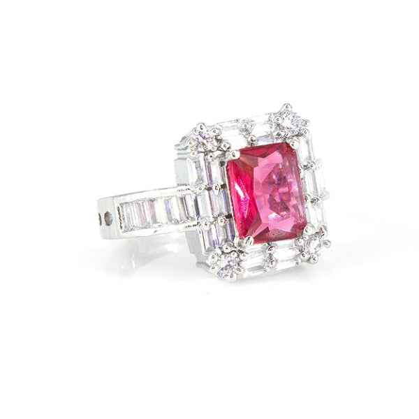 Pink Zirconia Ring - Shimmering Emerald Cut Halo Statement Band Ring
