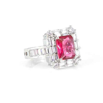 Pink Zirconia Ring - Shimmering Emerald Cut Halo Statement Band Ring