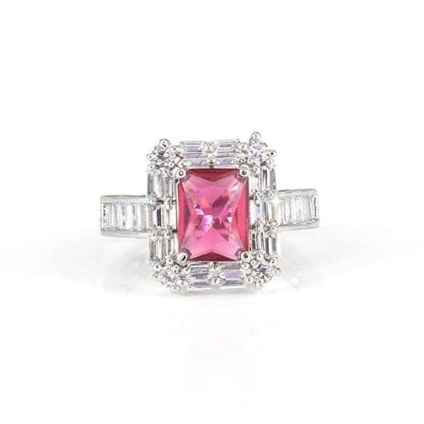Pink Zirconia Ring - Shimmering Emerald Cut Halo Statement Band Ring