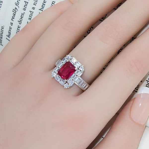 Pink Zirconia Ring - Shimmering Emerald Cut Halo Statement Band Ring