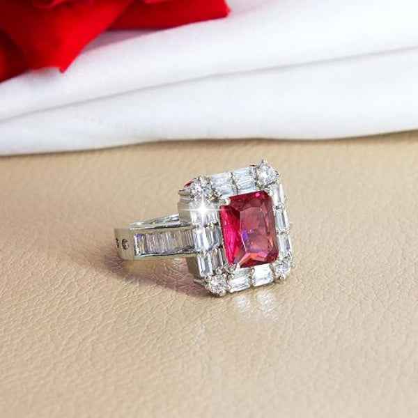 Pink Zirconia Ring - Shimmering Emerald Cut Halo Statement Band Ring