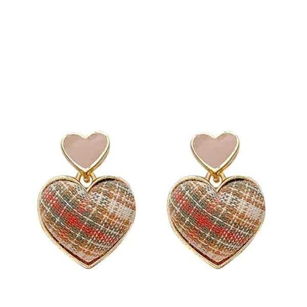 Chic Plaid Heart Earrings – Dangle Studs with Enamel Accent