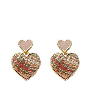 Chic Plaid Heart Earrings – Dangle Studs with Enamel Accent